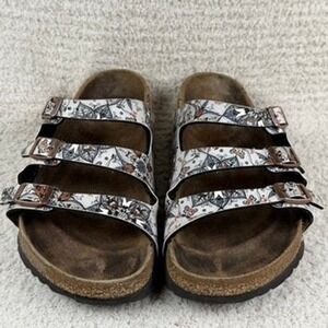 Birkenstock‎ Florida Sandals Womens Size 37 Grey White Mandala Floral 3-Strap